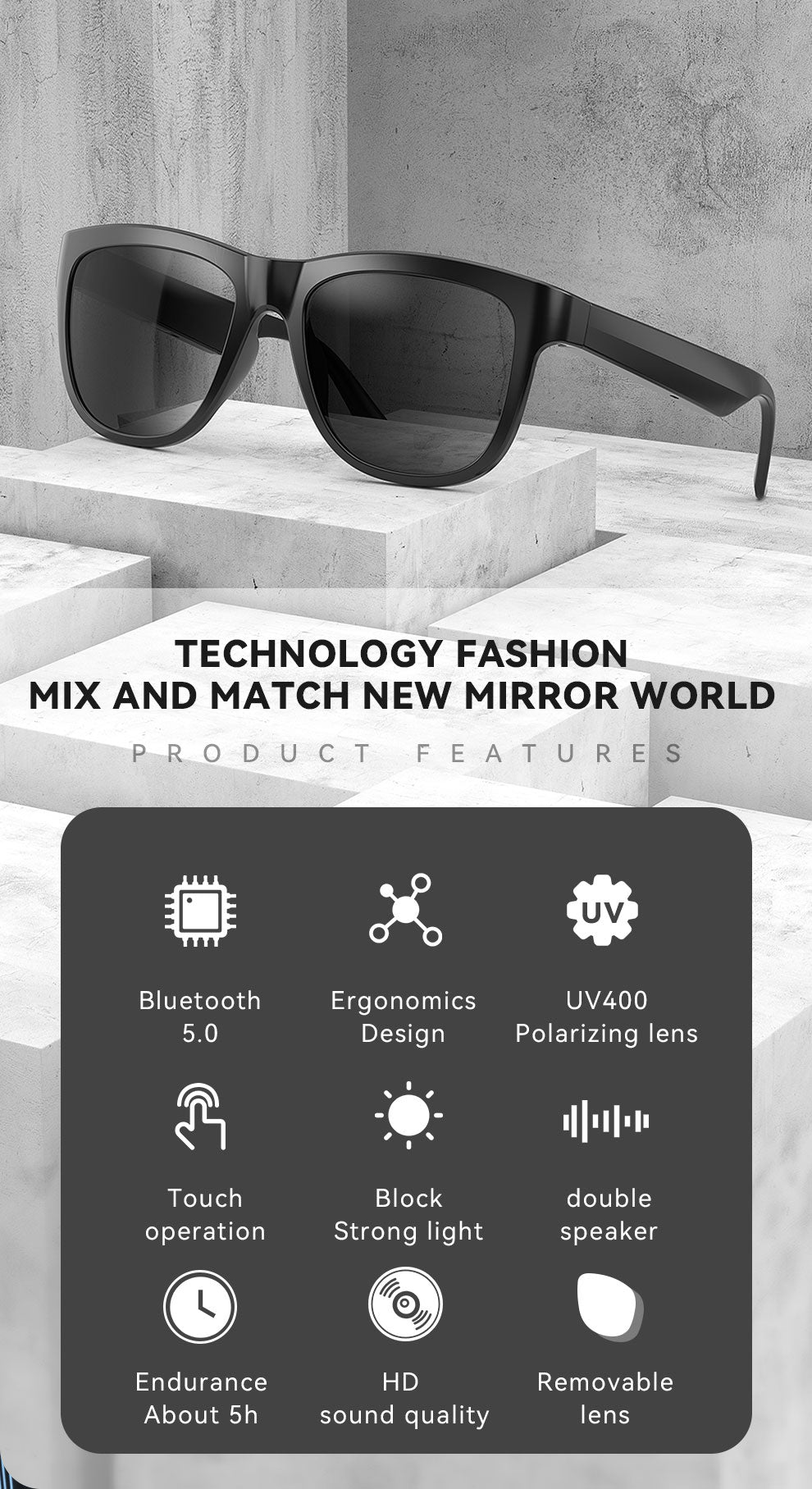 Smart Audio Shades Bluetooth Speaker - Tinted Sport Sunglasses